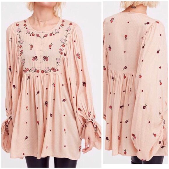 Free People Kiss From A Rose Tunic Top M Coral Embroidered Balloon Sleeve Boho - Picture 1 of 15